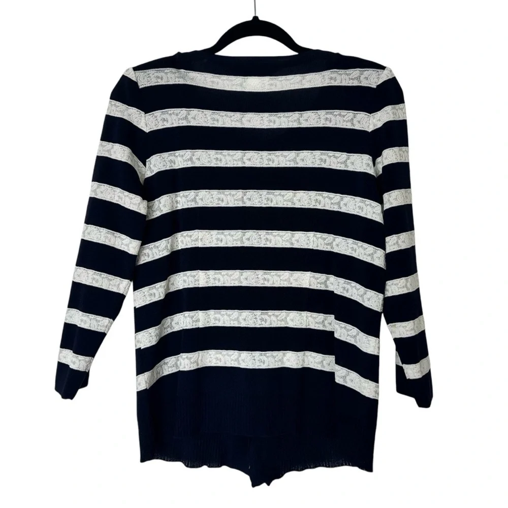 Exclusively Misook Striped Ruffled Cardigan Sweater Women XS Blue White Designer